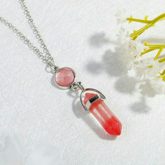 Red Agate Stone Bullet Shape Silvertone Necklace - Picture 2 of 5
